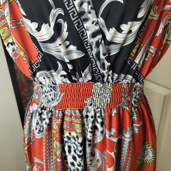 Dots - Redish Orange Black Yellow and White Designer Patterned Dress, S… - Picture 3 of 10